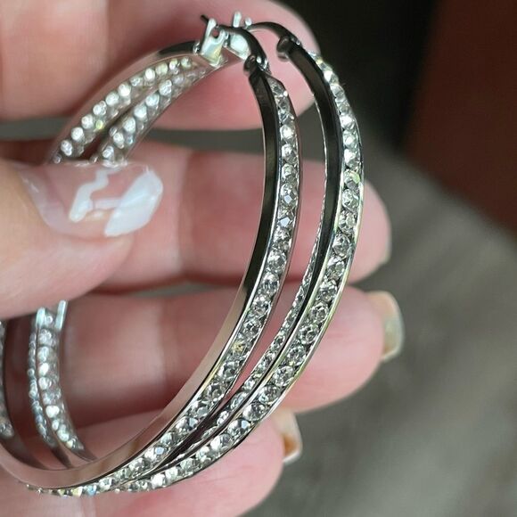 NEW Silver Crystal Large Hoop Earrings - Picture 8 of 10